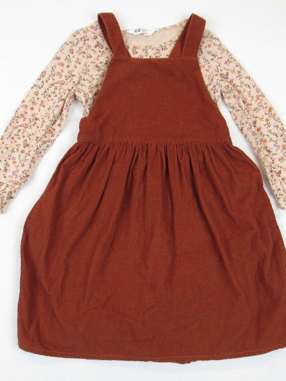 H&M Girl's Size 6X Dress Set Brown Floral Long Sleeve Overall Corduroy